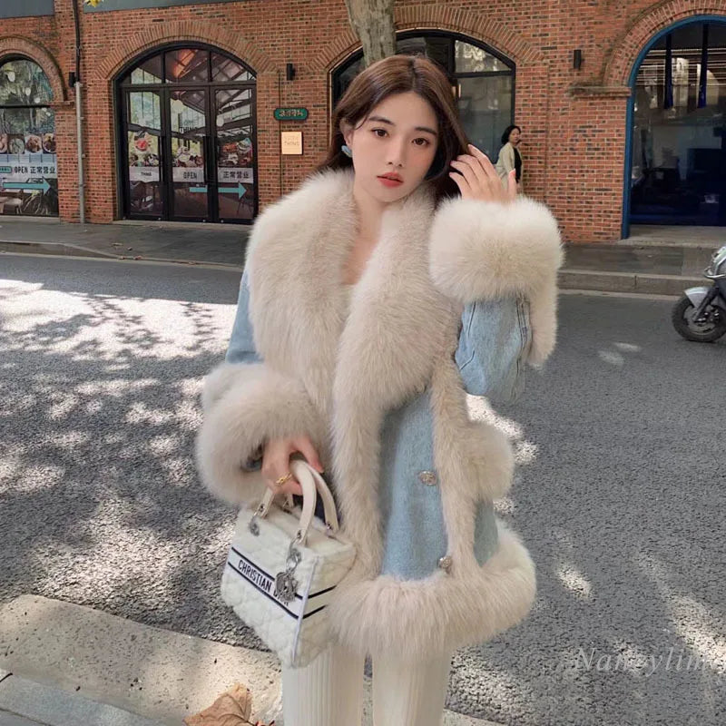 Denim Fur Splicing Coat Women&