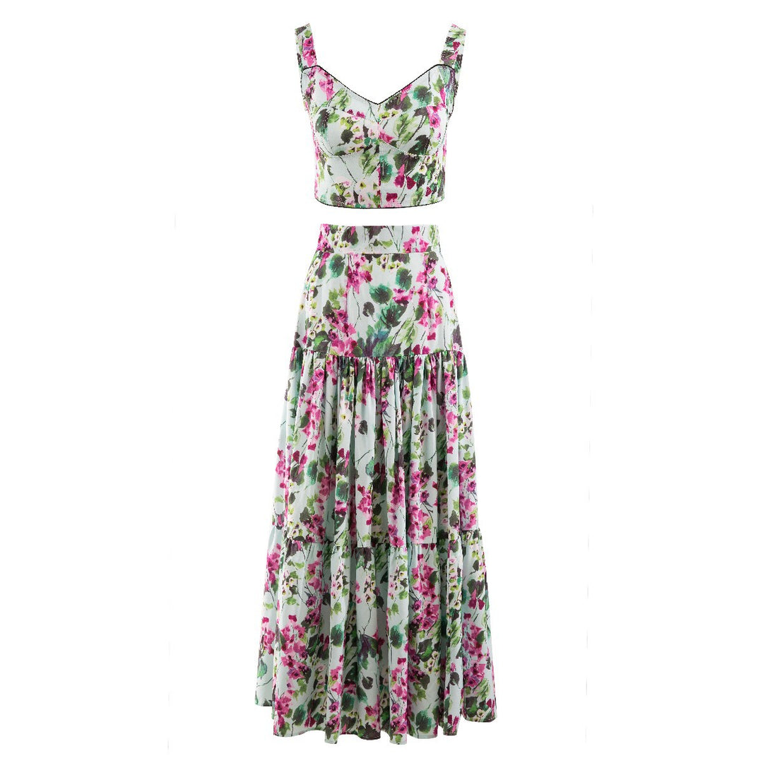 Spring And Summer Quality New Ladies Temperament Mid-Length Cotton Green Skirt Suit Tube Top + High Waist Printed Long Skirt