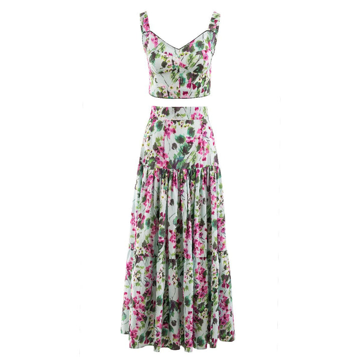 Spring And Summer Quality New Ladies Temperament Mid-Length Cotton Green Skirt Suit Tube Top + High Waist Printed Long Skirt