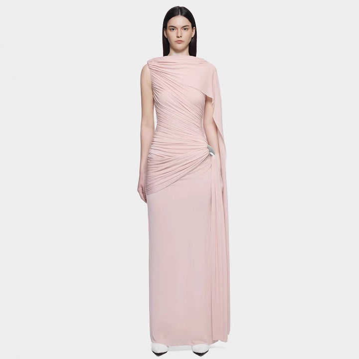 Knitted Sleeveless Pink Ribbon Pleated Floor-Length Dress with Scarf Detail