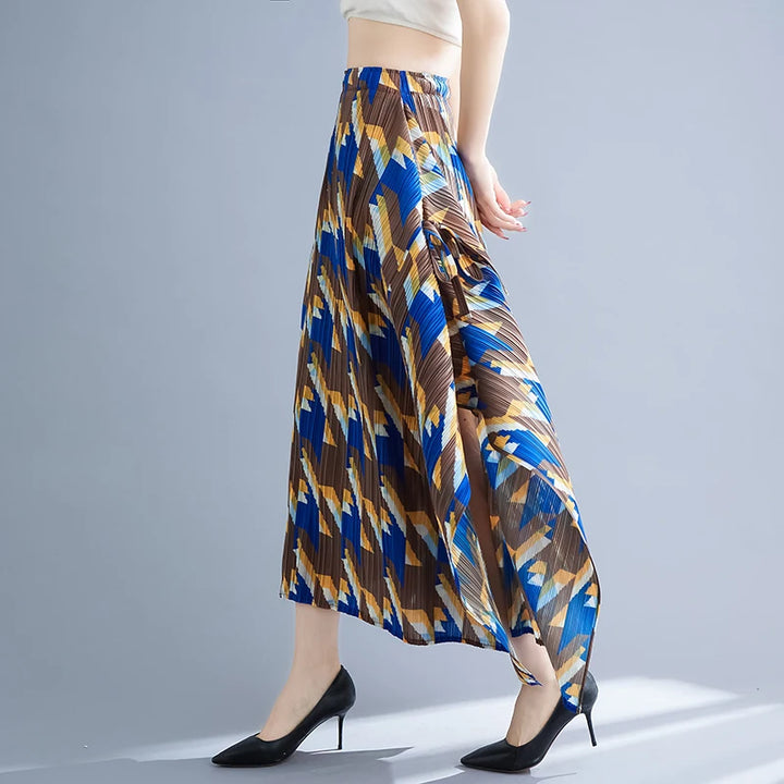 Half length skirt medium length skirt A-line skirt for women irregular pleats thousand bird pattern printed skirt