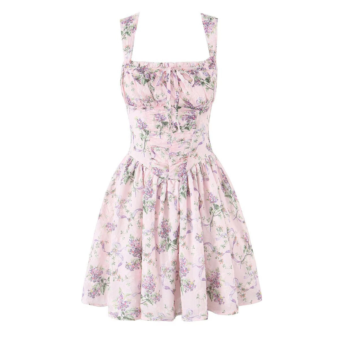 Printed waist cinching suspender dress for women