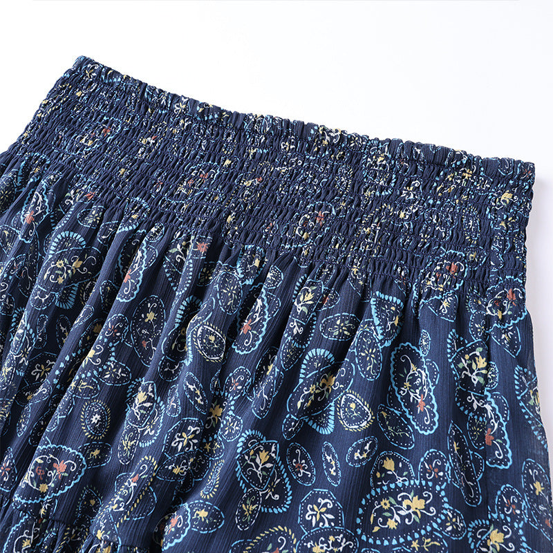 Ethnic Style Summer Outfit Floral Midi Skirt with Elastic Waist