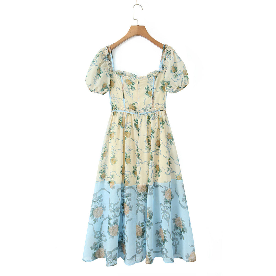 Bohemian style patchwork floral bubble sleeve mid length dress
