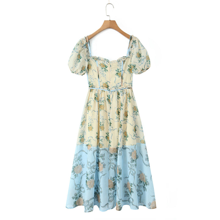 Bohemian style patchwork floral bubble sleeve mid length dress