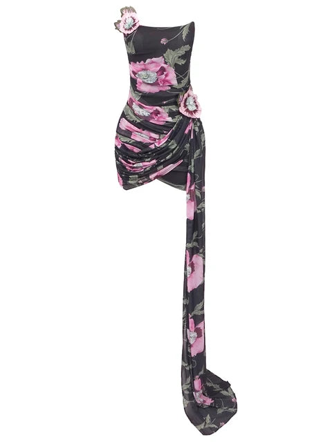 Printed three-dimensional embroidered strapless dress with mesh