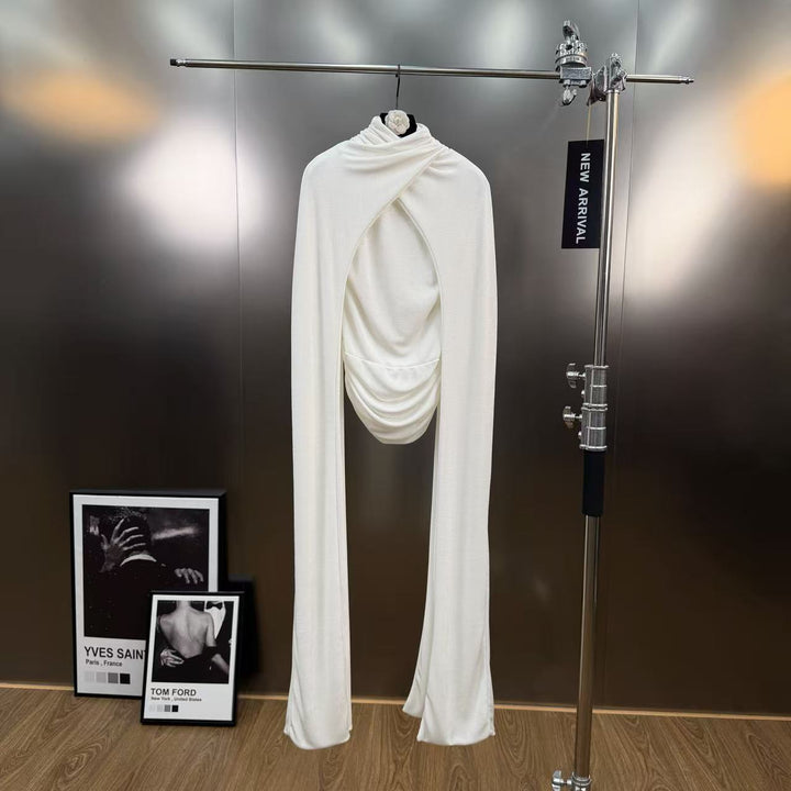 Half high neck pleated waist slimming knitted long sleeved T-shirt