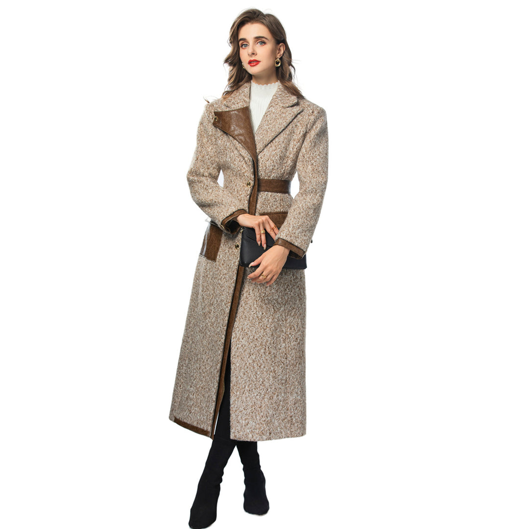 Retro lapel fur roll PU splicing single breasted long women&