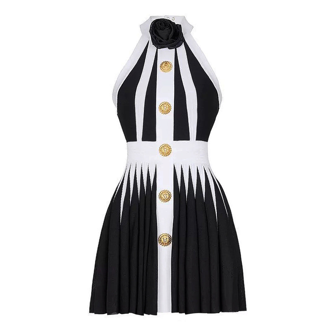 Summer new sleeveless three-dimensional flower slim knit hanging neck dress with back zipper skirt