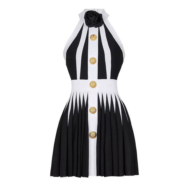 Summer new sleeveless three-dimensional flower slim knit hanging neck dress with back zipper skirt