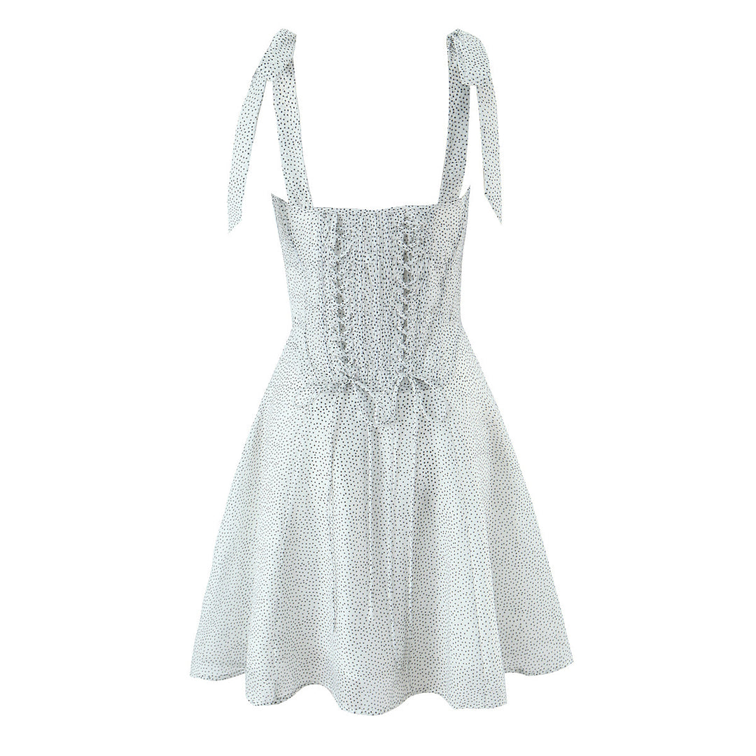 Polka dot printed bow shoulder strap waist cinching suspender skirt