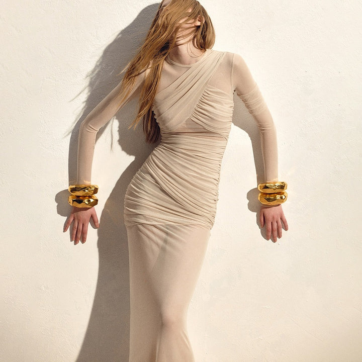 Long skirt mesh transparent sexy slim fit pleated dress