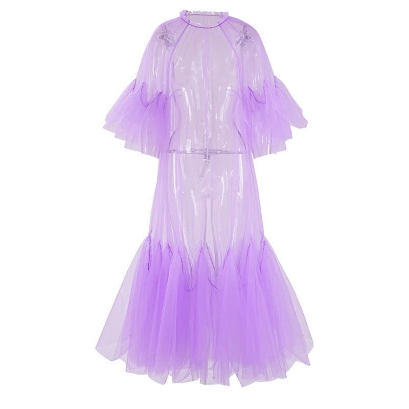 Lace collar loose petal short sleeved mesh dress, women&