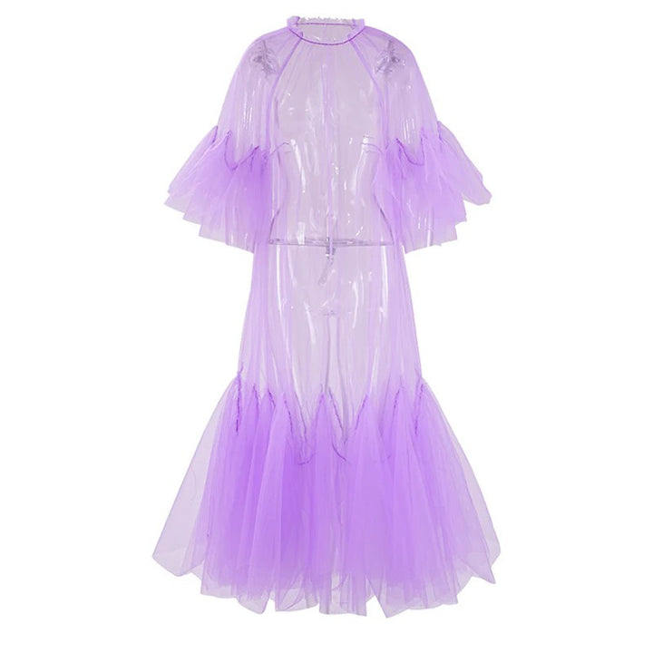 Lace collar loose petal short sleeved mesh dress, women&