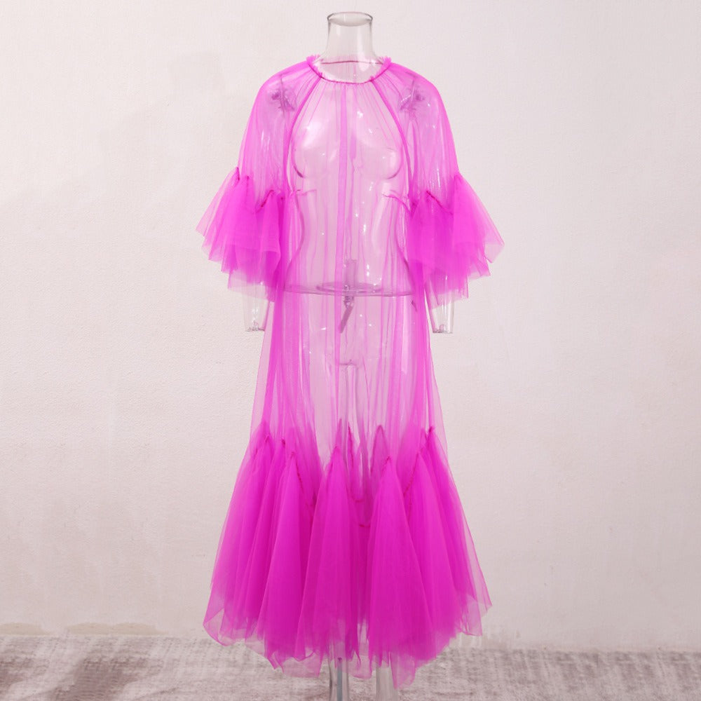 Lace collar loose petal short sleeved mesh dress, women&