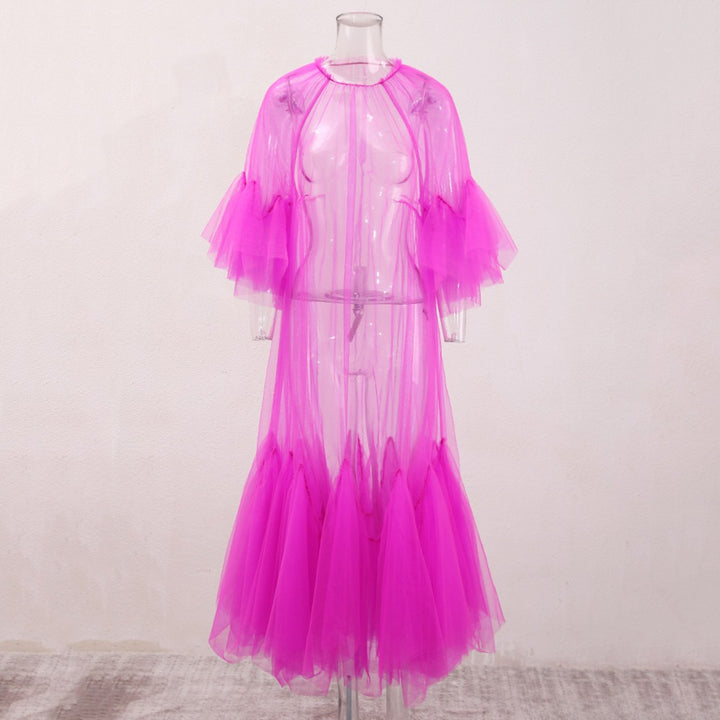 Lace collar loose petal short sleeved mesh dress, women&