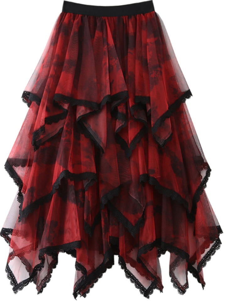 Lace cake-style tulle skirt with tie-dye print, super fairy-like skirt, irregular mesh midi skirt