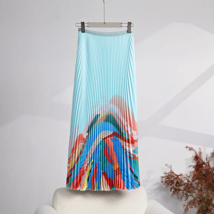 Summer High End Fashion Versatile Short Sleeve T-shirt New Print Pleated Top+Long Pleated Half Skirt Ins Fashion