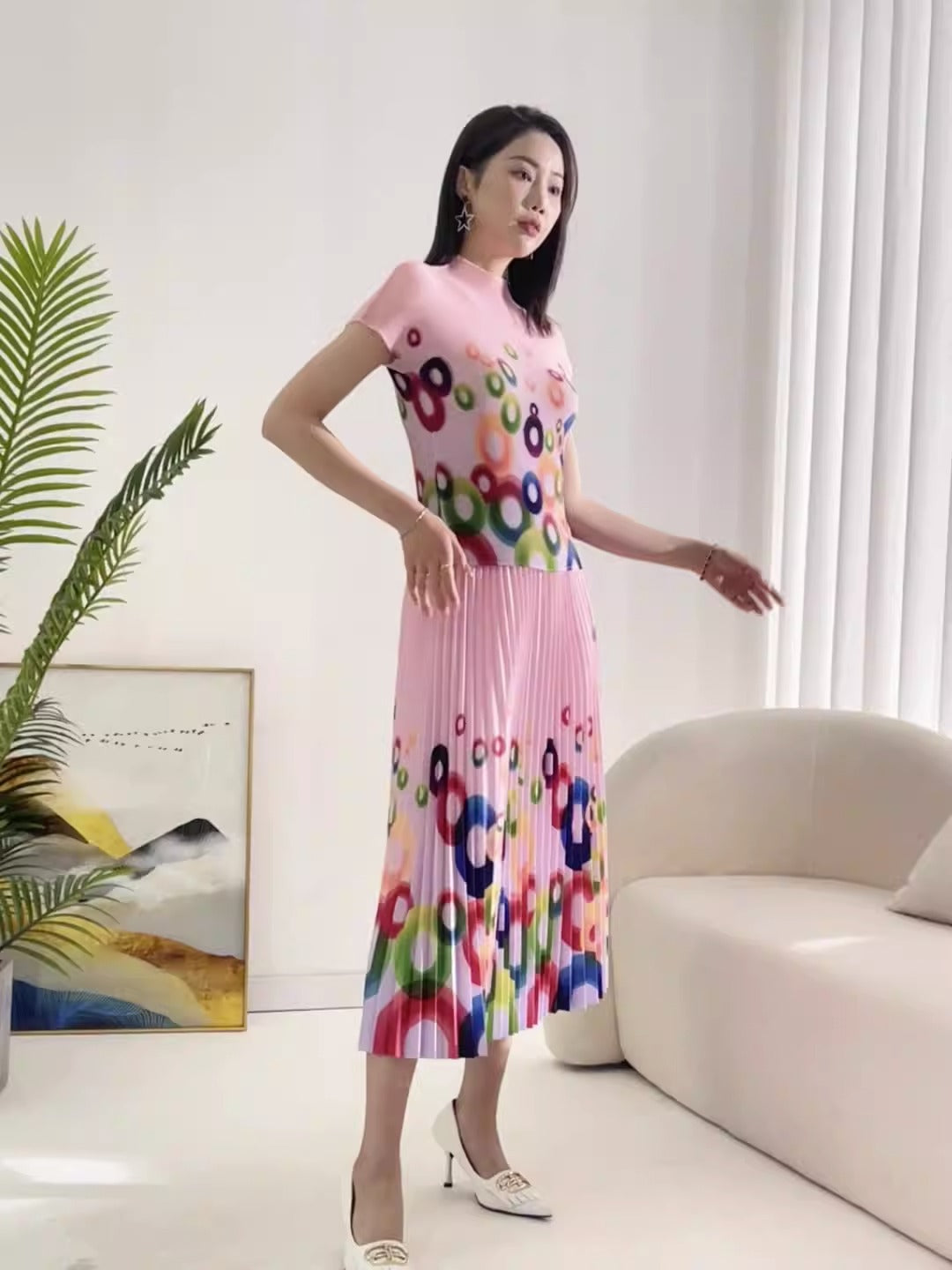 Printed pleated suit for women&
