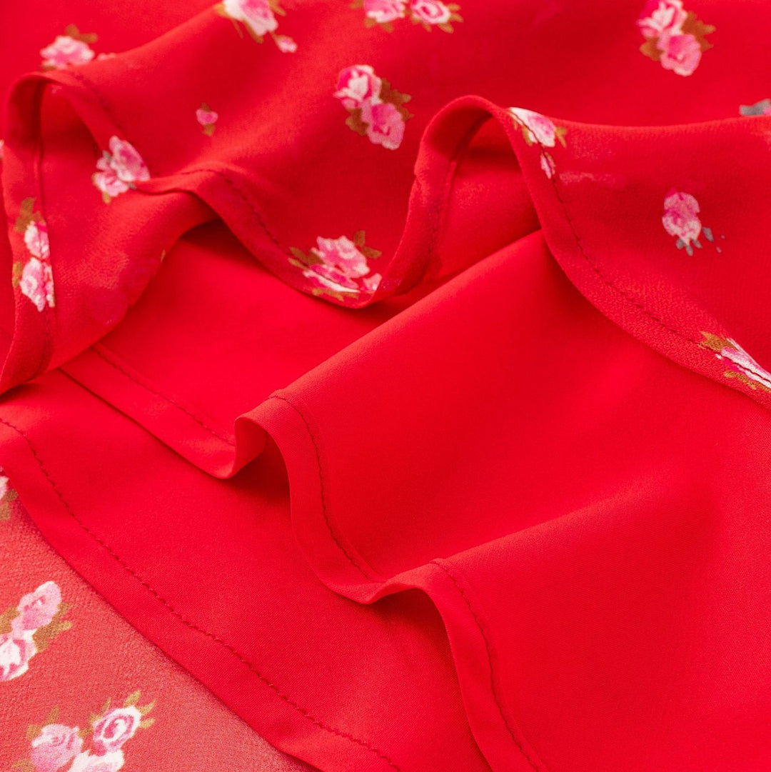 One-Shoulder Lace Hem Red Base Floral Print Dress