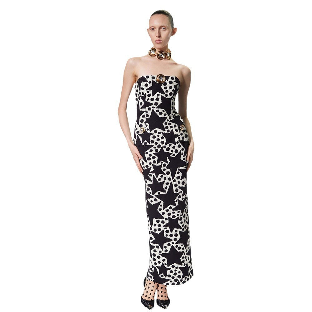 Off the shoulder split five pointed star print slim fitting temperament, socialite sexy dress dress dress