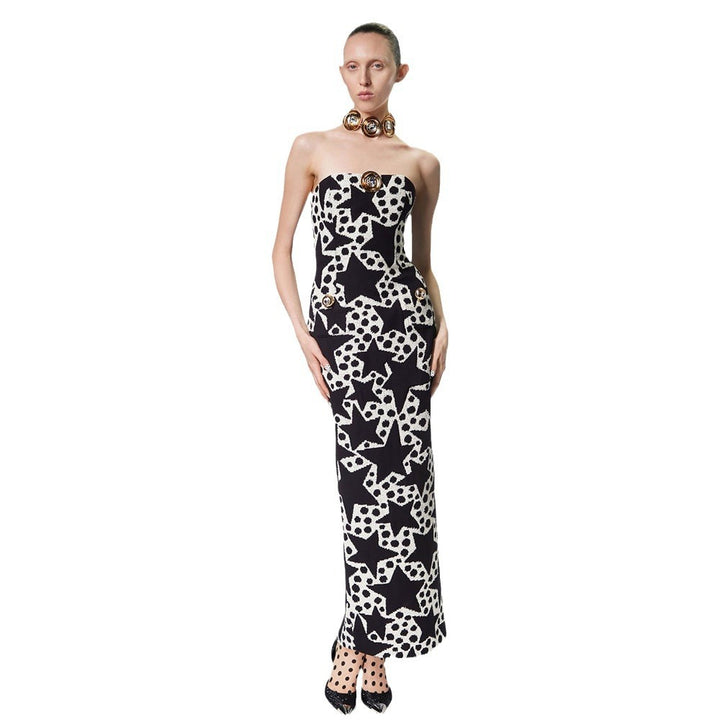 Off the shoulder split five pointed star print slim fitting temperament, socialite sexy dress dress dress