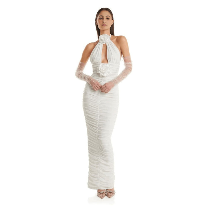 Fashionable white neck hanging, backless, tight fitting flower decoration, long bandage wrapped hip dress