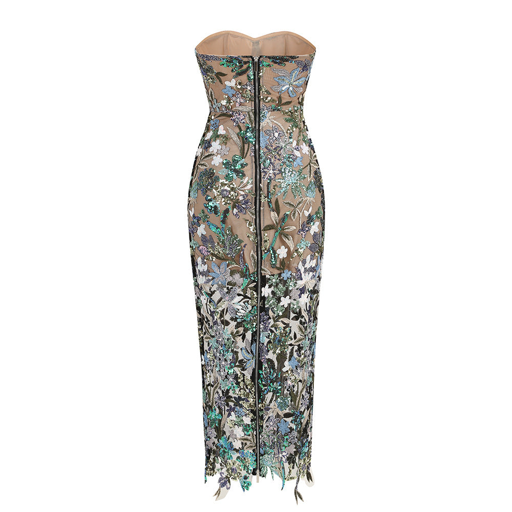 Fashionable blue sexy tube top slim fit embroidered tight sleeveless long hip-hugging dress