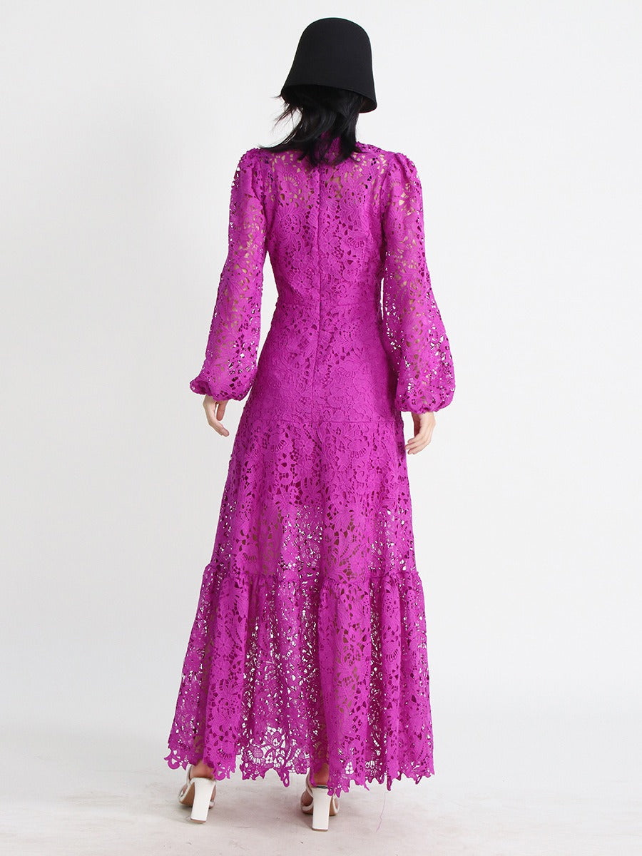 Fashionable lace hollowed out heavy-duty embroidered stand up collar bubble sleeve dress