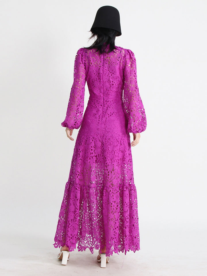 Fashionable lace hollowed out heavy-duty embroidered stand up collar bubble sleeve dress
