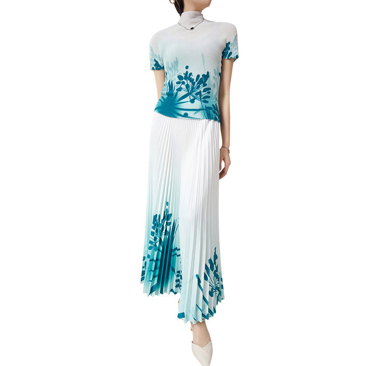 New Pleated d Skirt Fashion Two-Piece SetTop Printe