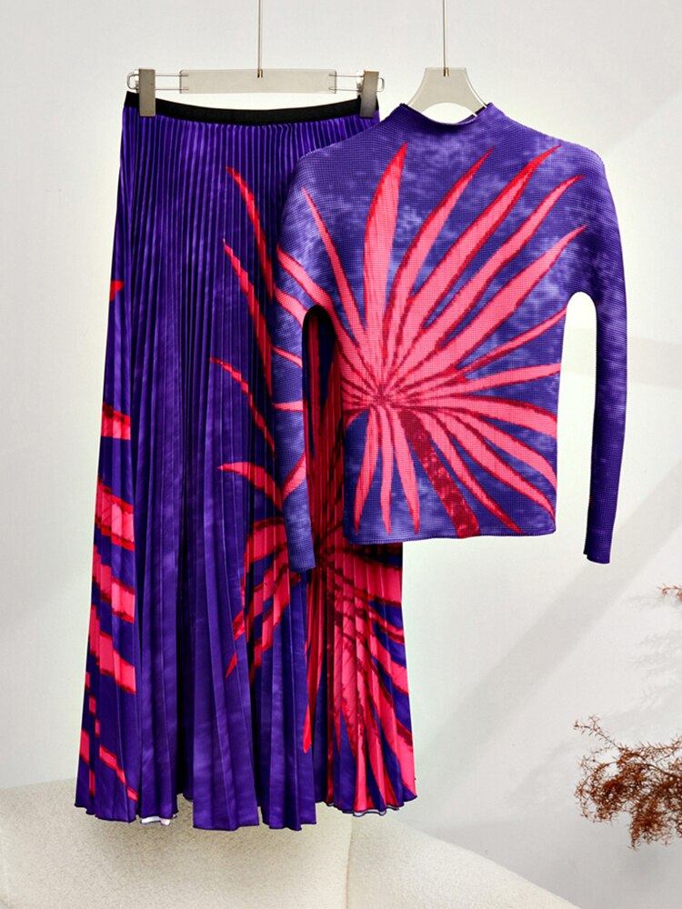 Print Pleated Two Pieces Set For Women Mock Neck Long Sleeve Top Loose Casual Skrit