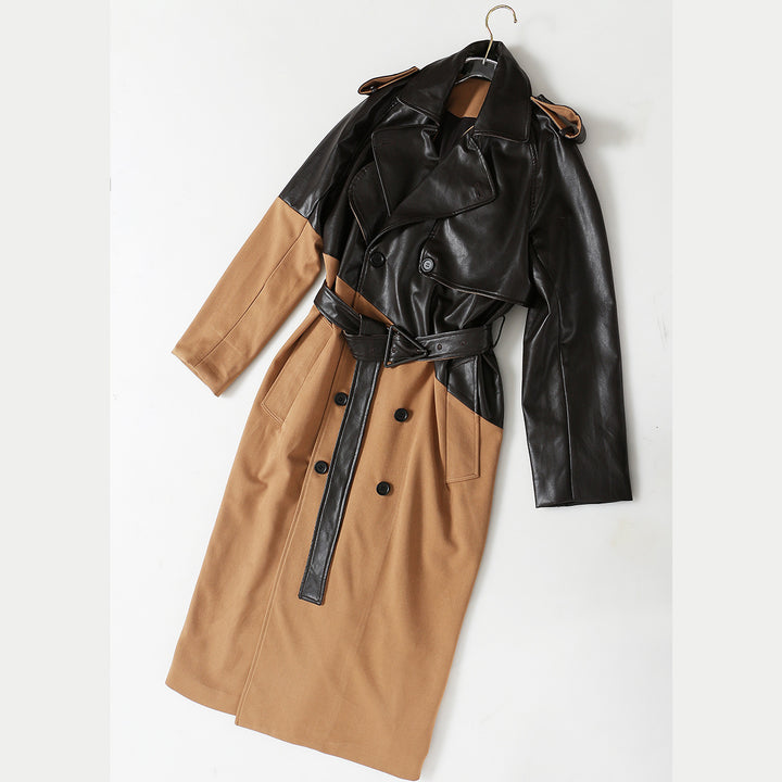 Spliced Leather Trench Coat Women&