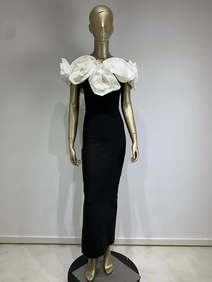 Bandage dress white large flower long formal dress