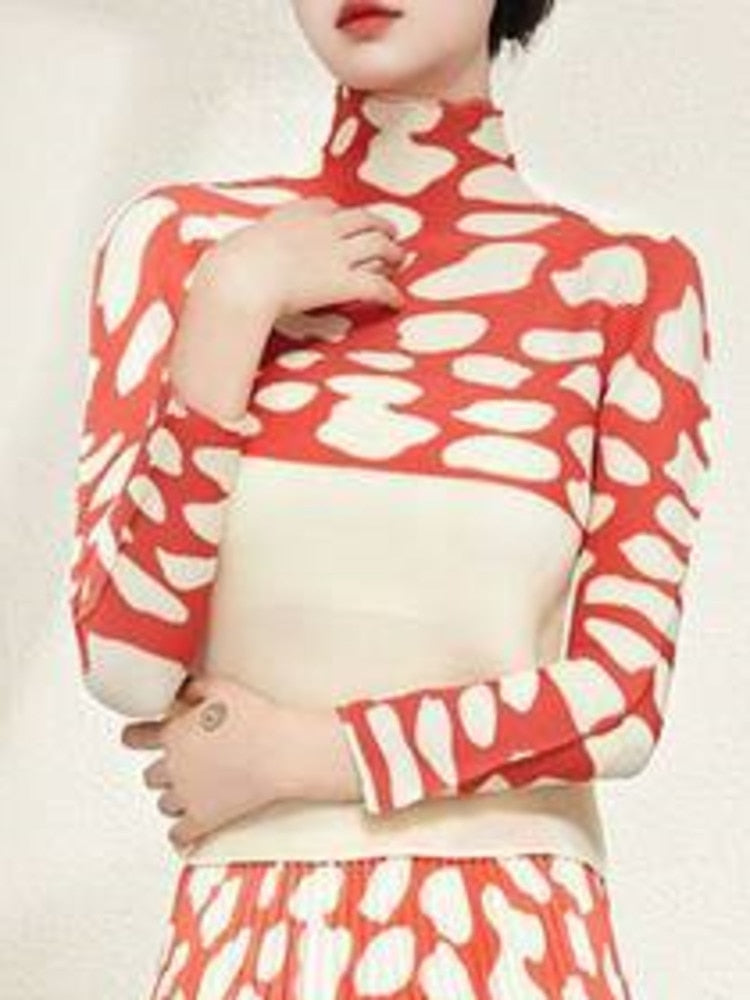 2 Pieces Set For Women Color Block T Shirt Long Sleeve A-line Elastic Waist Skirts Elegant Cloth Fashion Spring