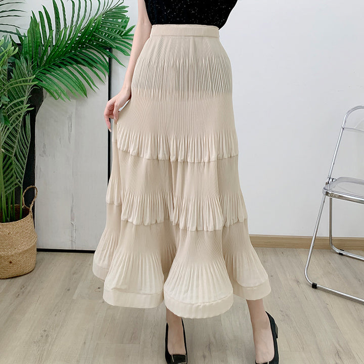 Elastic waist pleated skirt for women&