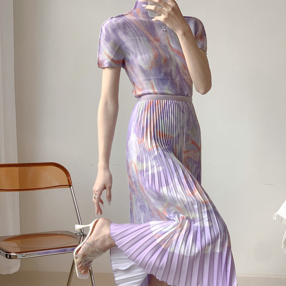 Fashion Print Pleated 2 Pieces Set Women&