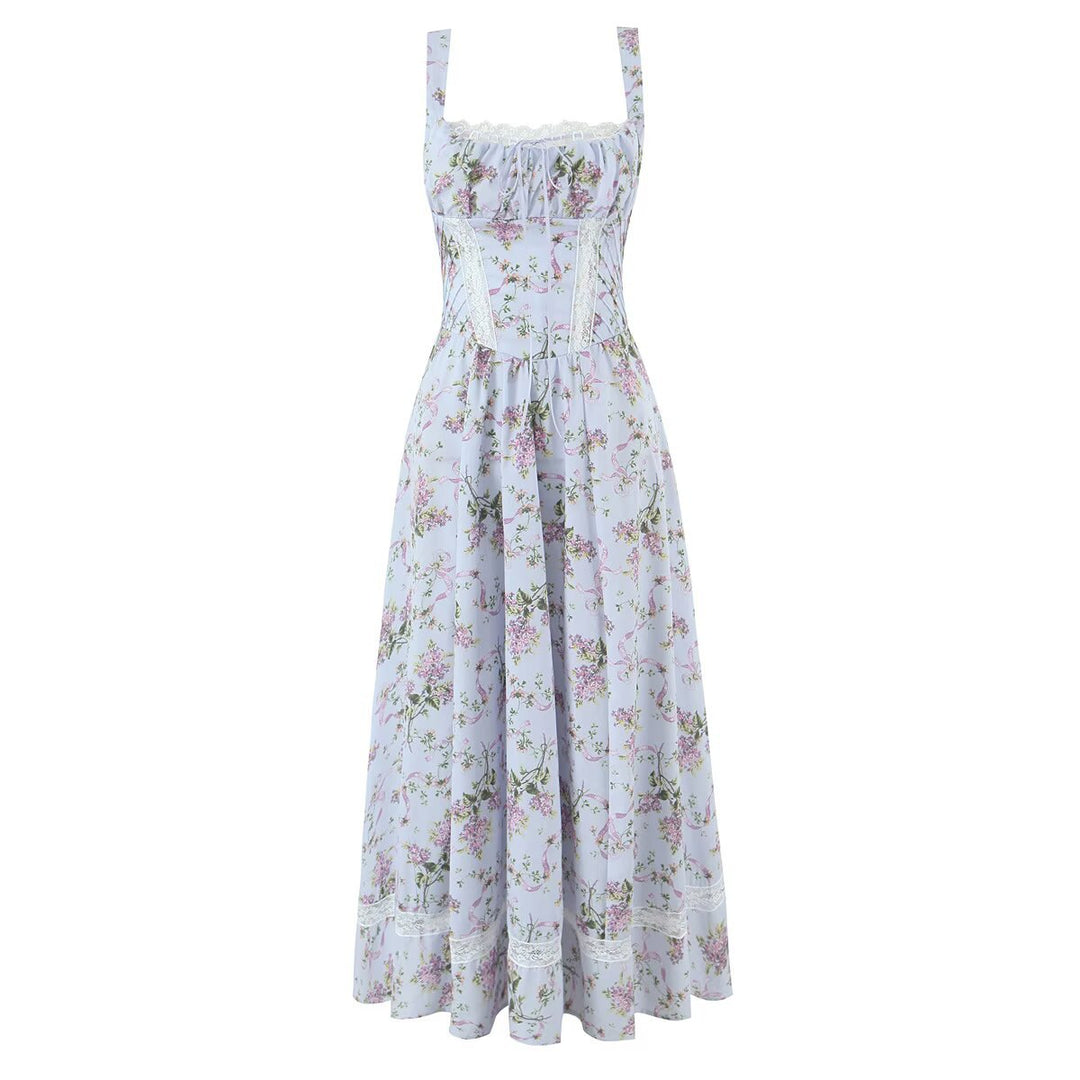 Splicing lace printed waist cinching suspender dress