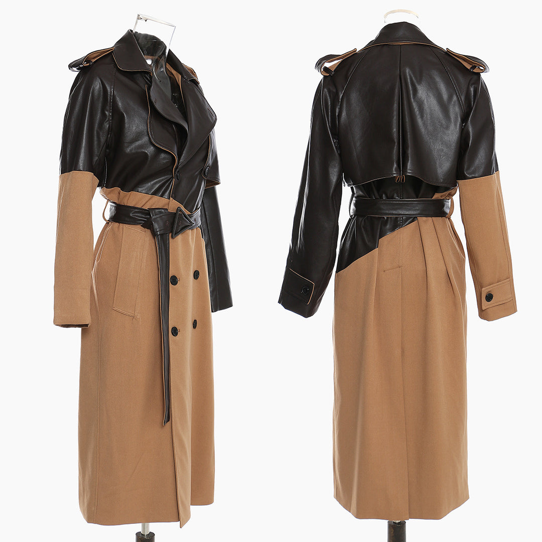 Spliced Leather Trench Coat Women&