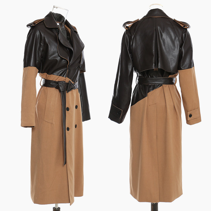 Spliced Leather Trench Coat Women&