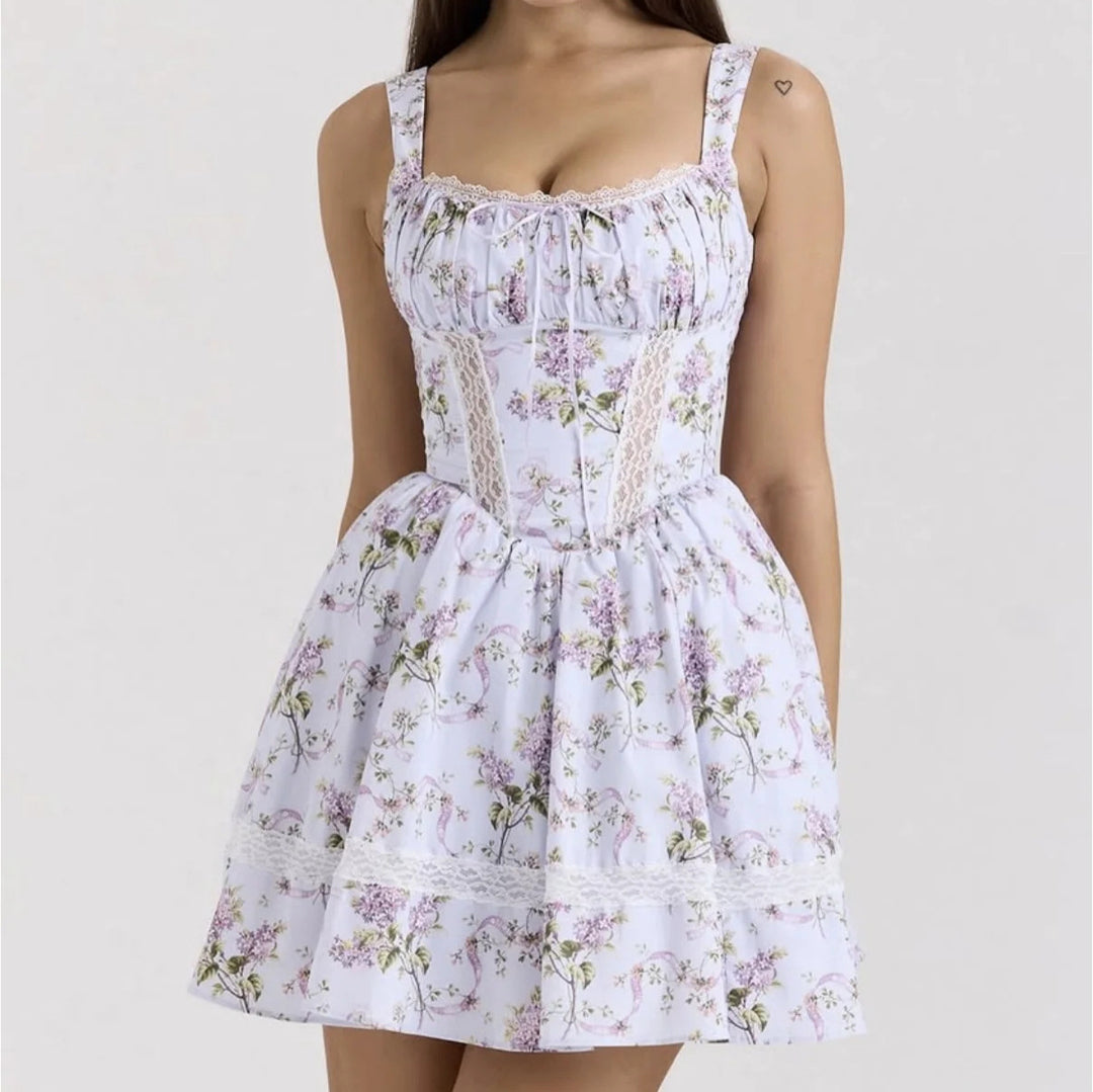 Lace mesh printed suspender dress