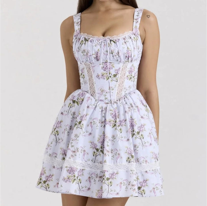Lace mesh printed suspender dress