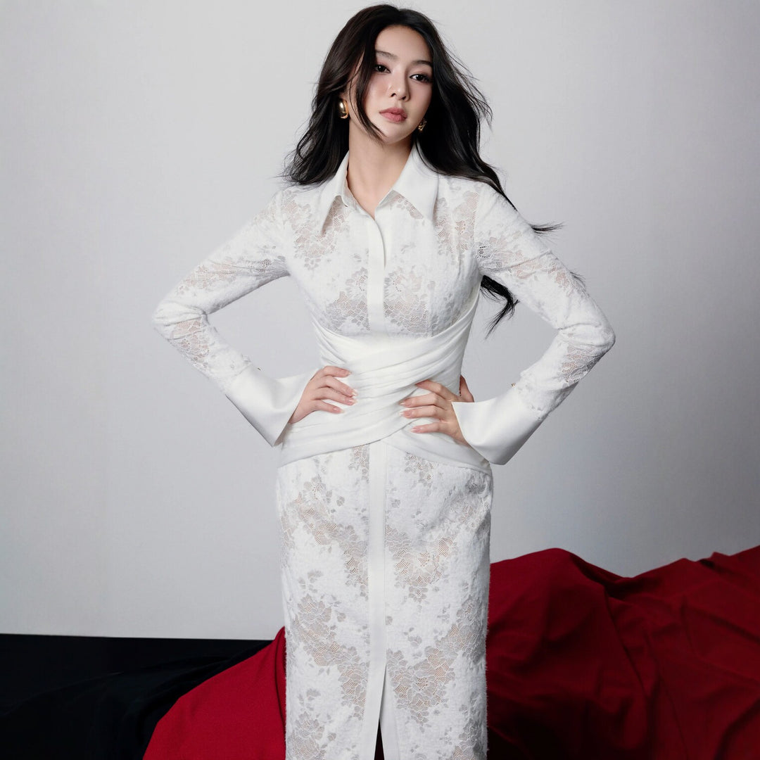 White lace embroidered long sleeved dress for women