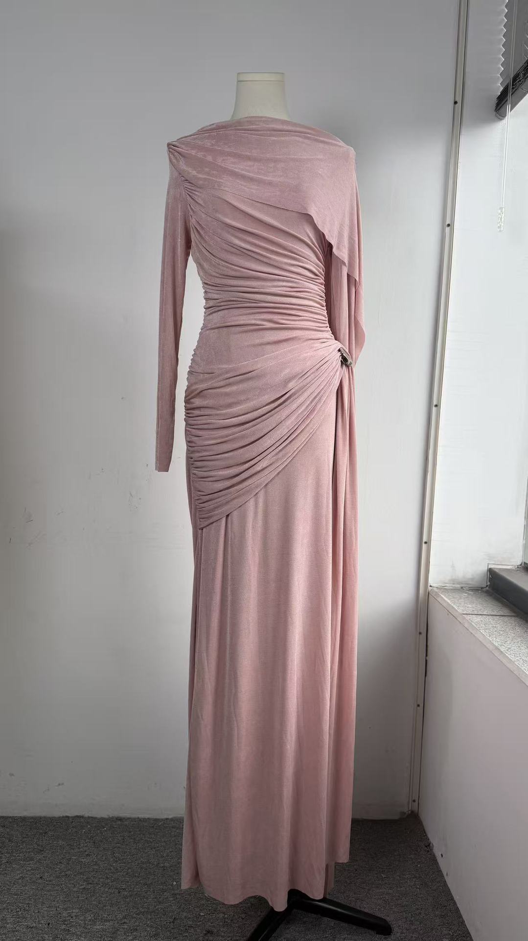 Knitted Sleeveless Pink Ribbon Pleated Floor-Length Dress with Scarf Detail