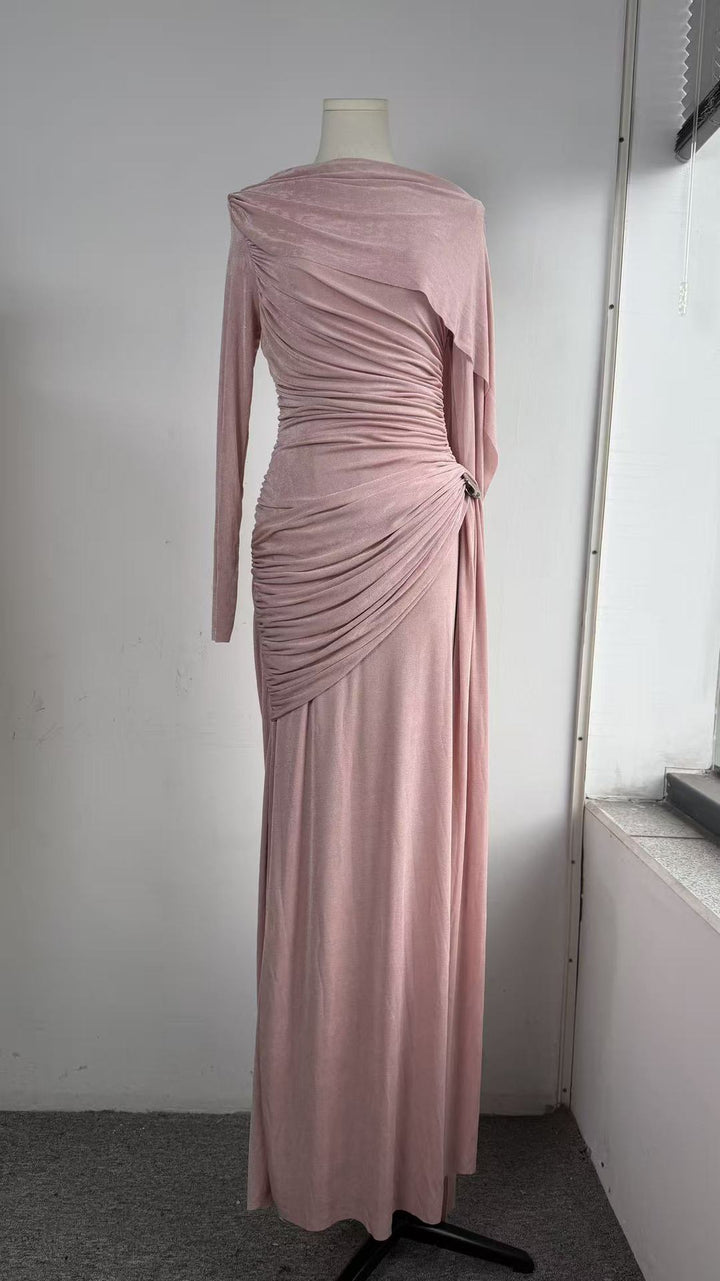 Knitted Sleeveless Pink Ribbon Pleated Floor-Length Dress with Scarf Detail