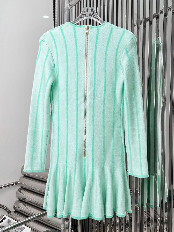 Short Tweed Dress With Gold-Tone Buttons Sexy Green Striped V-Neck Zip Mini Dresses Fall Women&