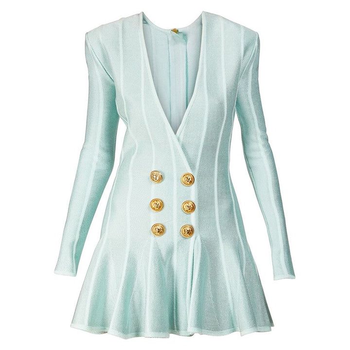 Short Tweed Dress With Gold-Tone Buttons Sexy Green Striped V-Neck Zip Mini Dresses Fall Women&