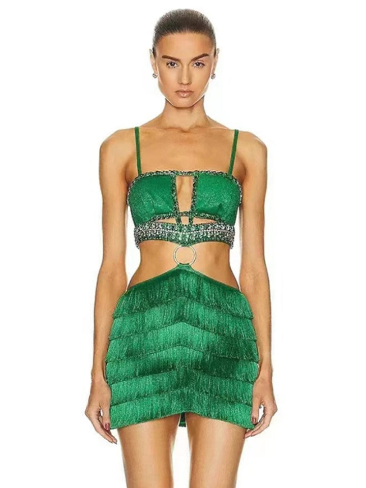 Sexy Spaghetti Strap Hollow Out Crystal Bandage Dress Women Green Sleeveless Backless Tassel Bodycon Dresses Evening Party Club
