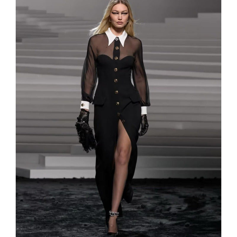 Fashion white collar metal button sexy see-through dress dinner party bandage
