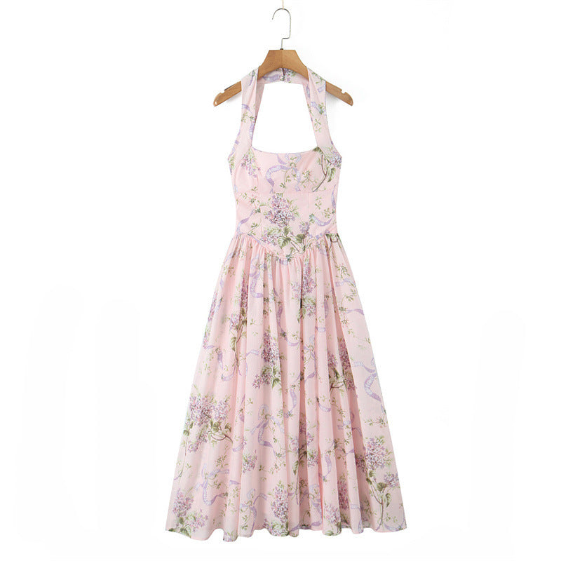 French Halter Square Neck Sexy Fitted Midi Sweet Printed Sleeveless Dress